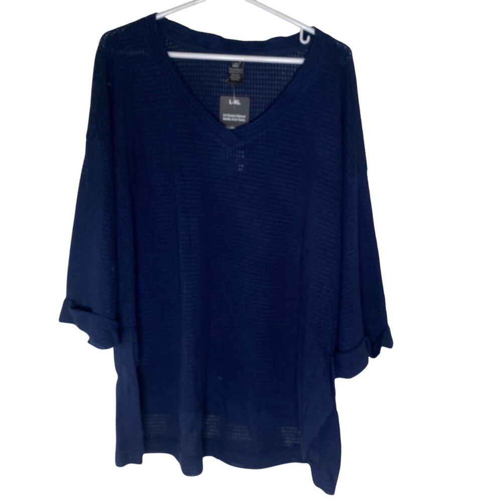 NWT Lildy Waffle Knit Tunic Womens‎ L-XL Navy Blue 3/4 Rolled Sleeve
